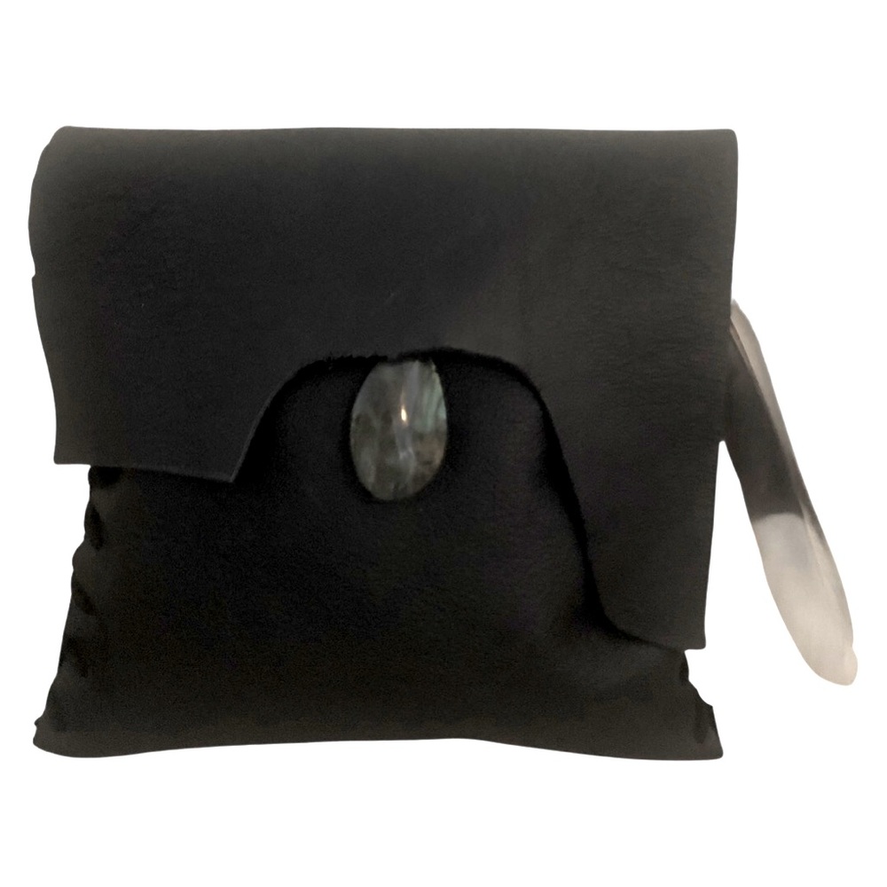 Bohemian Bespoke Leather Black handbag, with feather and Madagascar stone.